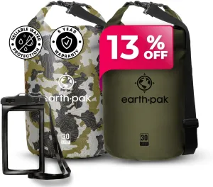 Earth Pak Waterproof Dry Bag - Roll Top Waterproof Backpack Sack (30L Camo & 30L Green)