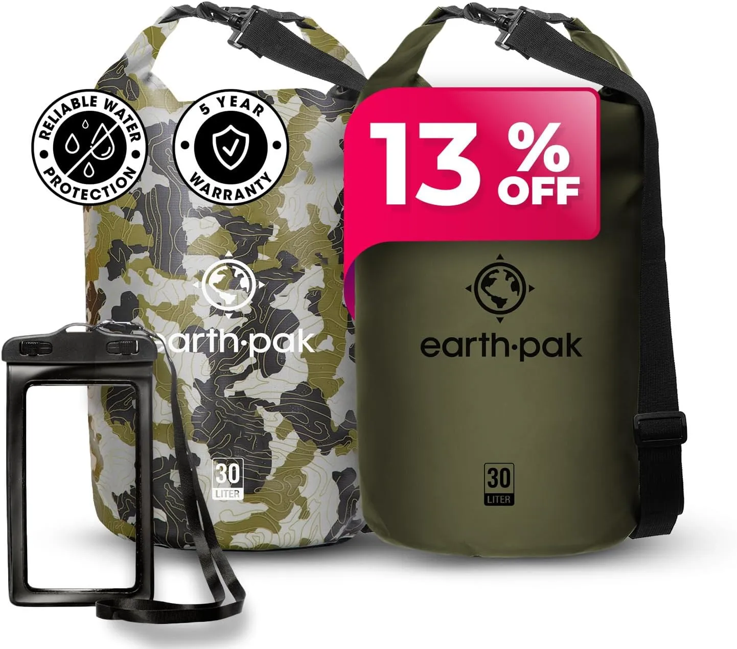Earth Pak Waterproof Dry Bag - Roll Top Waterproof Backpack Sack (30L Camo & 30L Green)