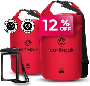 Earth Pak Waterproof Dry Bag - Roll Top Waterproof Backpack Sack Red 55L & 30L