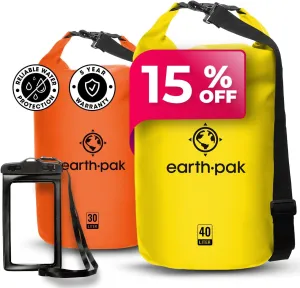 Earth Pak Waterproof Dry Bag - Roll Top Waterproof Backpack Sack (Yellow 40L & Orange 30L)