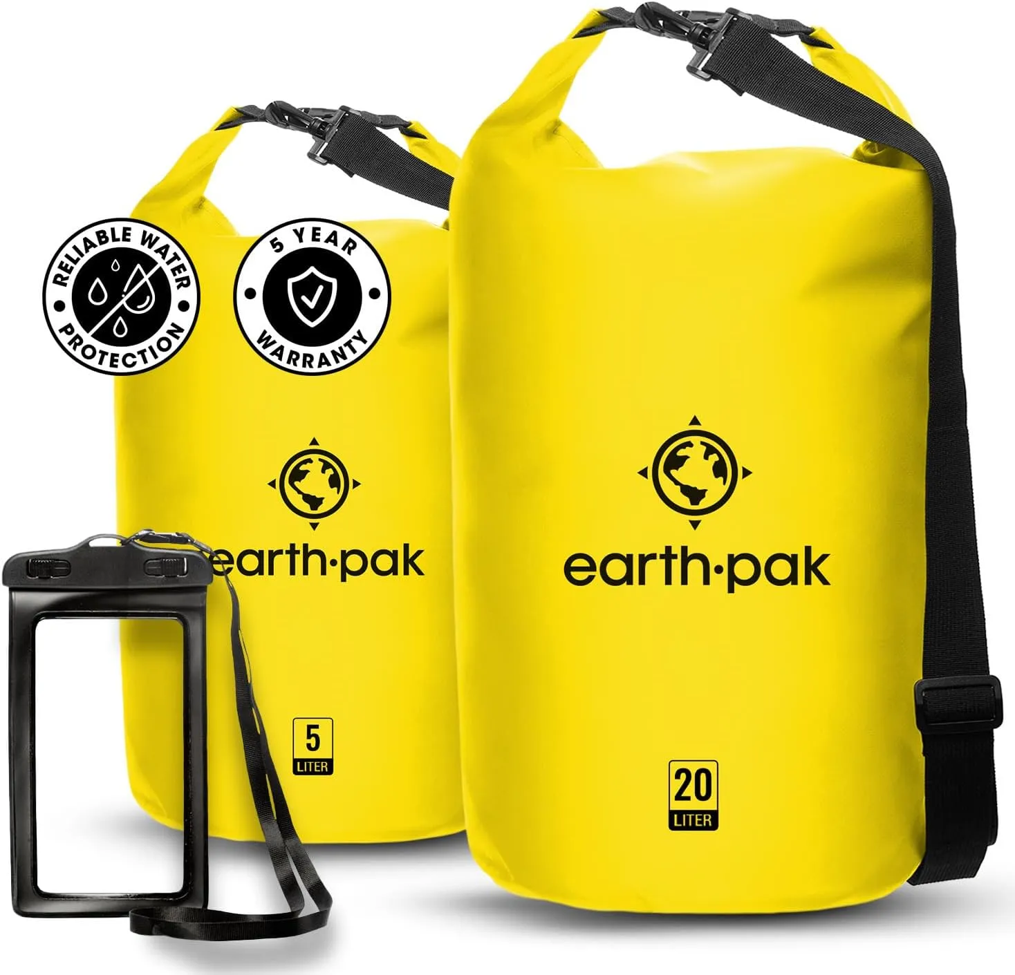 Earth Pak Waterproof Dry Bag - Roll Top Waterproof Backpack Yellow 5L & 20L