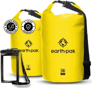 Earth Pak Waterproof Dry Bag - Roll Top Waterproof Backpack Yellow 5L & 20L
