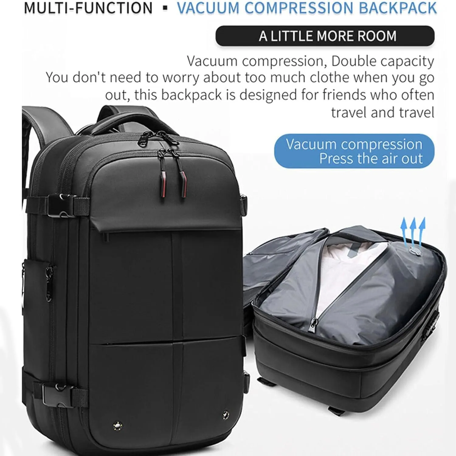 Easy Vac Pack Backpack, Easy Vac Backpack, Easyvacpack 60l Large Capacity Waterproof Anti-Theft Travel Bag (Prestige-Black)