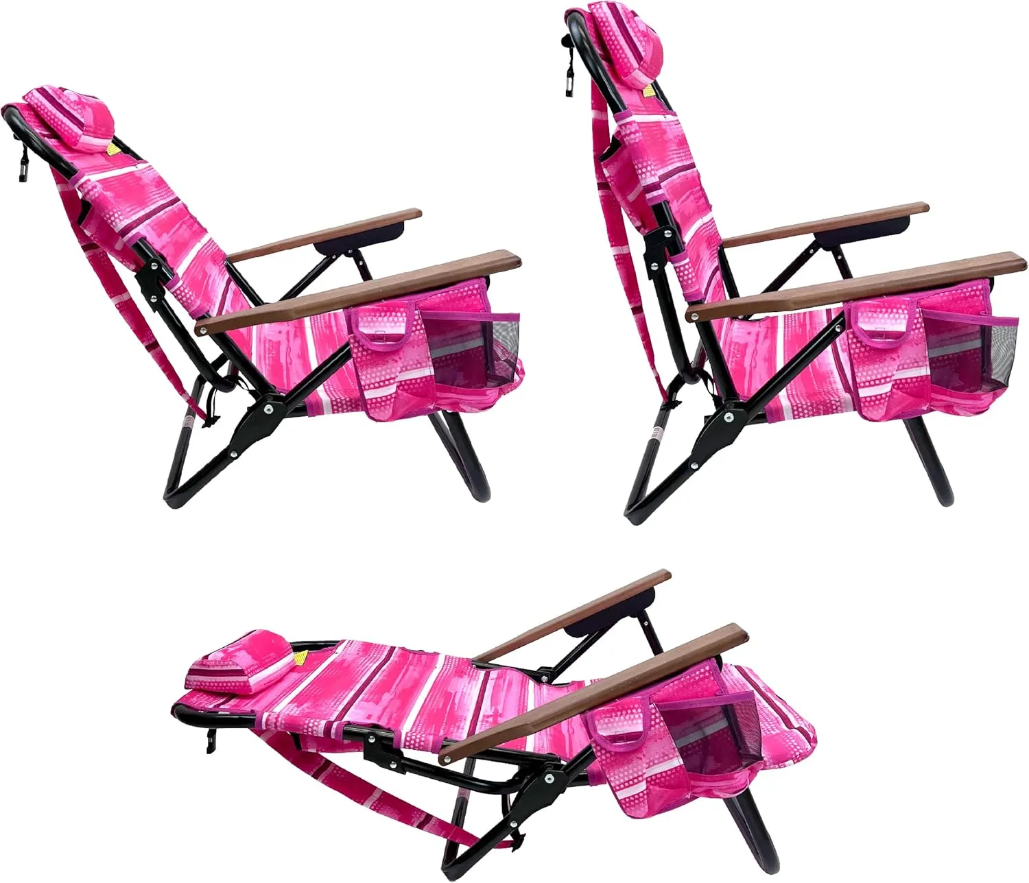 EasyGo Product Backpack Beach Chair 5 Reclining Positions Cup Holder Pouch on Side Padded Pillow Storage Bag on Back Lightweight Rustproof Aluminum Black Frame, 2 Pack, Pinks