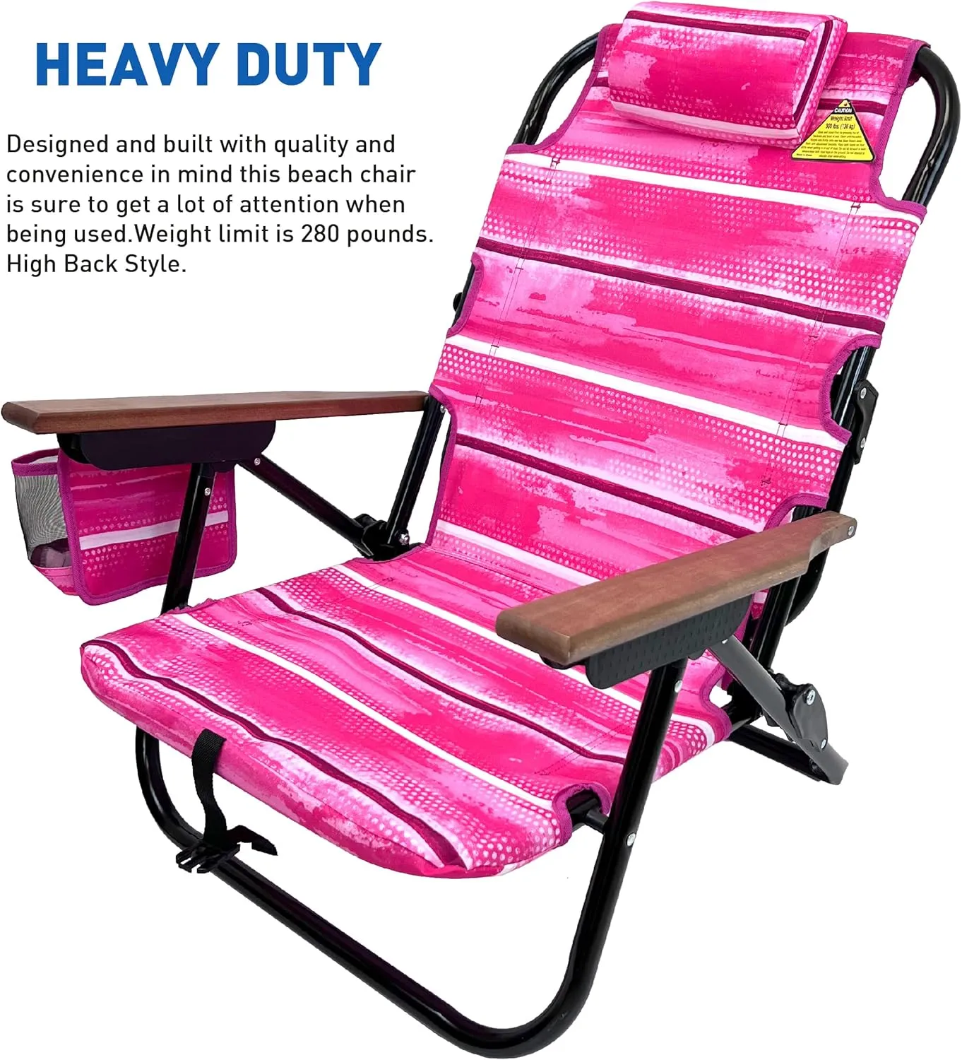 EasyGo Product Backpack Beach Chair 5 Reclining Positions Cup Holder Pouch on Side Padded Pillow Storage Bag on Back Lightweight Rustproof Aluminum Black Frame, 2 Pack, Pinks