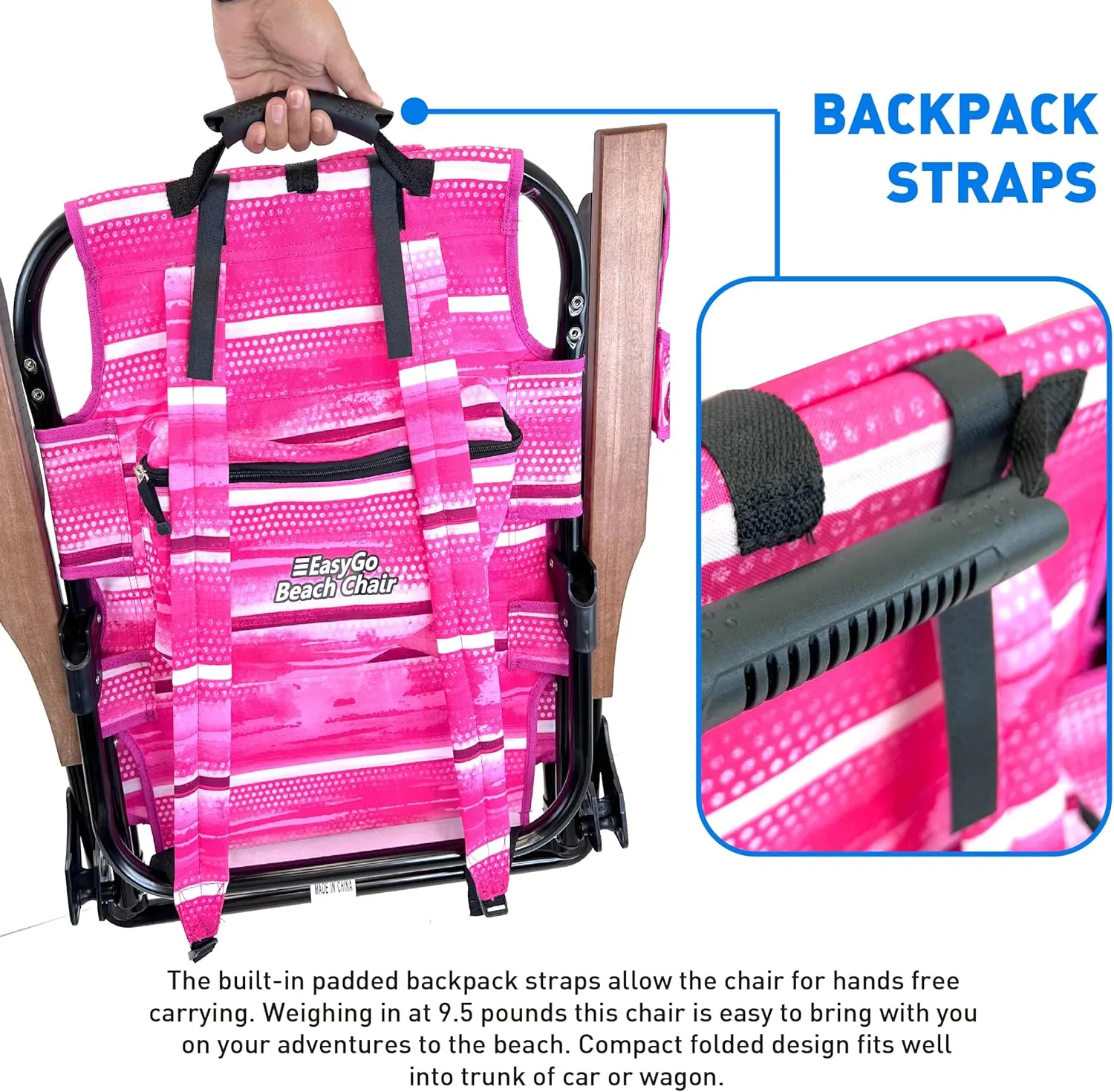 EasyGo Product Backpack Beach Chair 5 Reclining Positions Cup Holder Pouch on Side Padded Pillow Storage Bag on Back Lightweight Rustproof Aluminum Black Frame, 2 Pack, Pinks