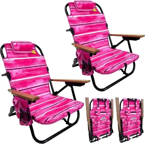 EasyGo Product Backpack Beach Chair 5 Reclining Positions Cup Holder Pouch on Side Padded Pillow Storage Bag on Back Lightweight Rustproof Aluminum Black Frame, 2 Pack, Pinks