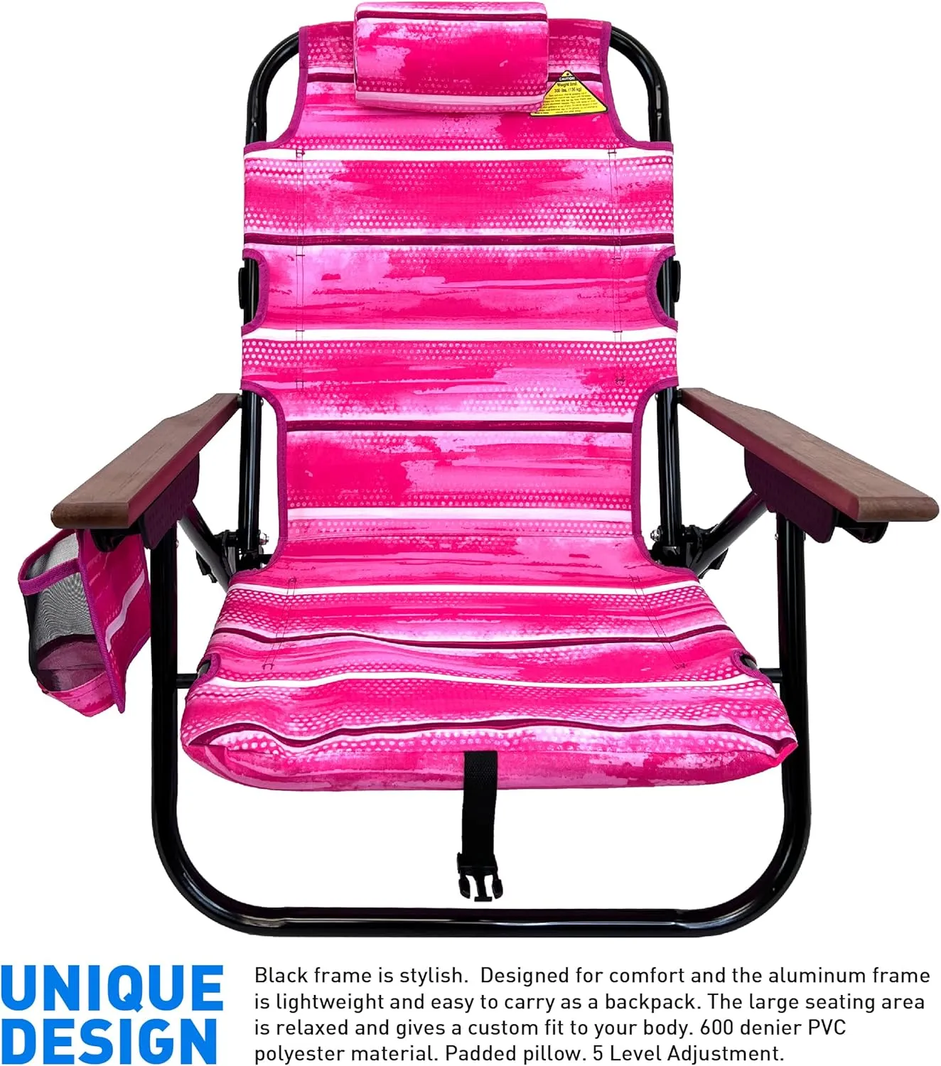 EasyGo Product Backpack Beach Chair 5 Reclining Positions Cup Holder Pouch on Side Padded Pillow Storage Bag on Back Lightweight Rustproof Aluminum Black Frame, 2 Pack, Pinks