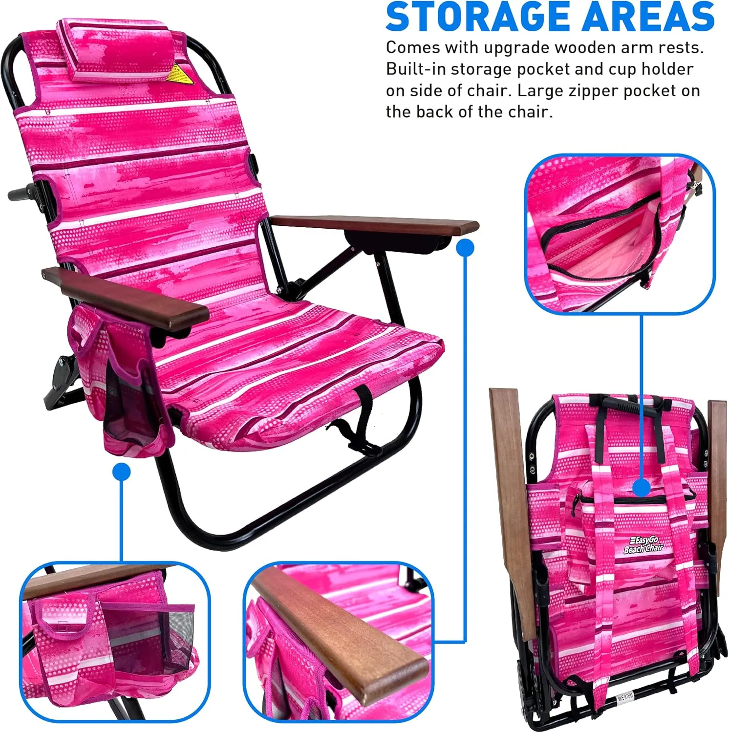 EasyGo Product Backpack Beach Chair 5 Reclining Positions Cup Holder Pouch on Side Padded Pillow Storage Bag on Back Lightweight Rustproof Aluminum Black Frame, 2 Pack, Pinks