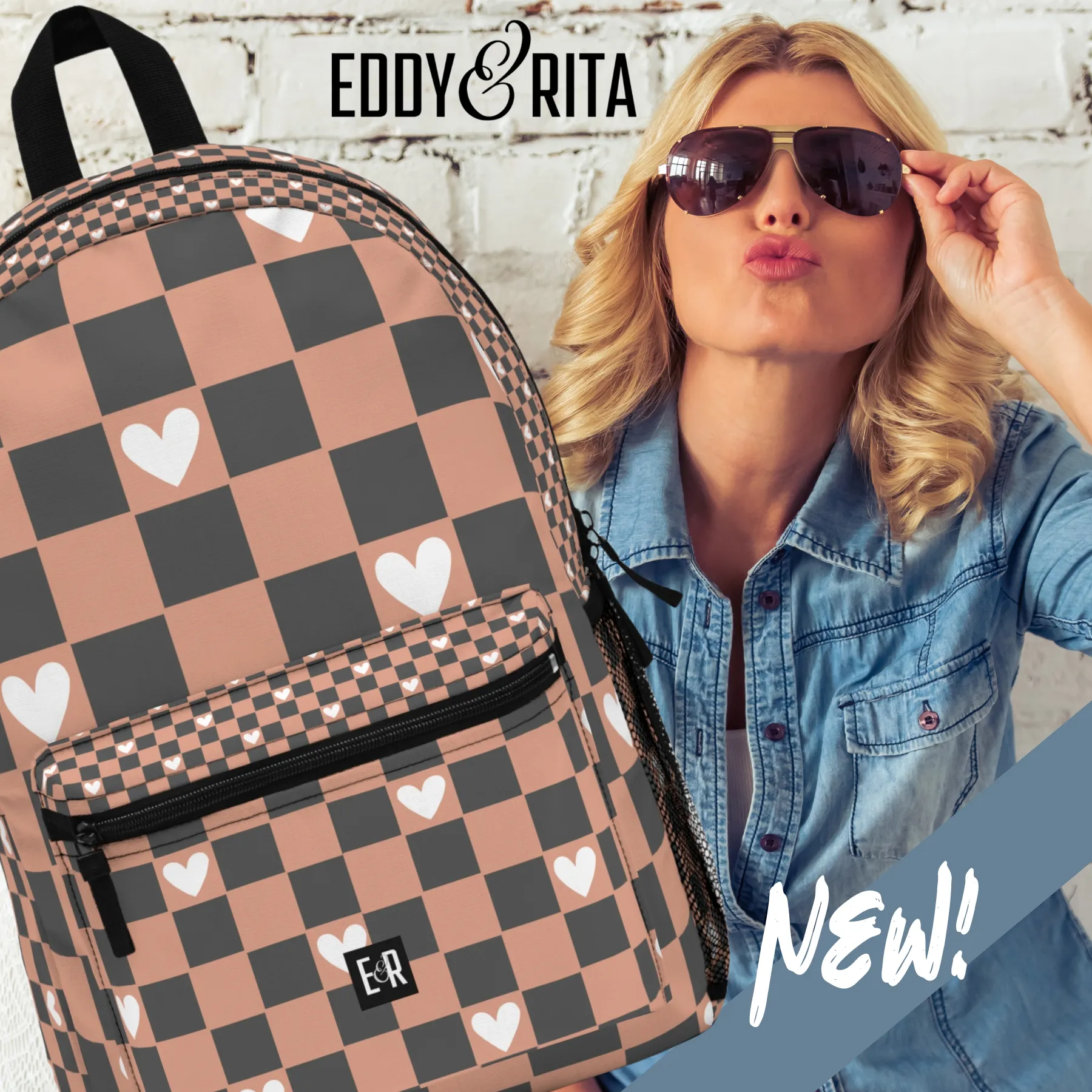 Eddy and Rita Women's Blush Pink and Charcoal Checks Backpack with White Hearts - Premium Designer Bag