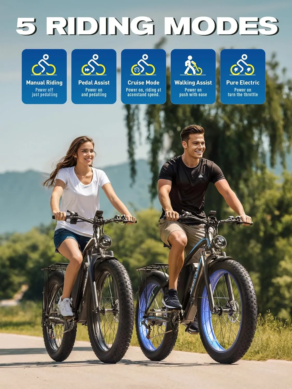 Electric Bike for Adults 2000W Peak 2500W Motor Electric Bicycle with 52V 19.2Ah Battery E Bike Up to 40MPH 21 Speed, 24"/26" All Terrain Ebike Fat Tire with Front Fork Suspension