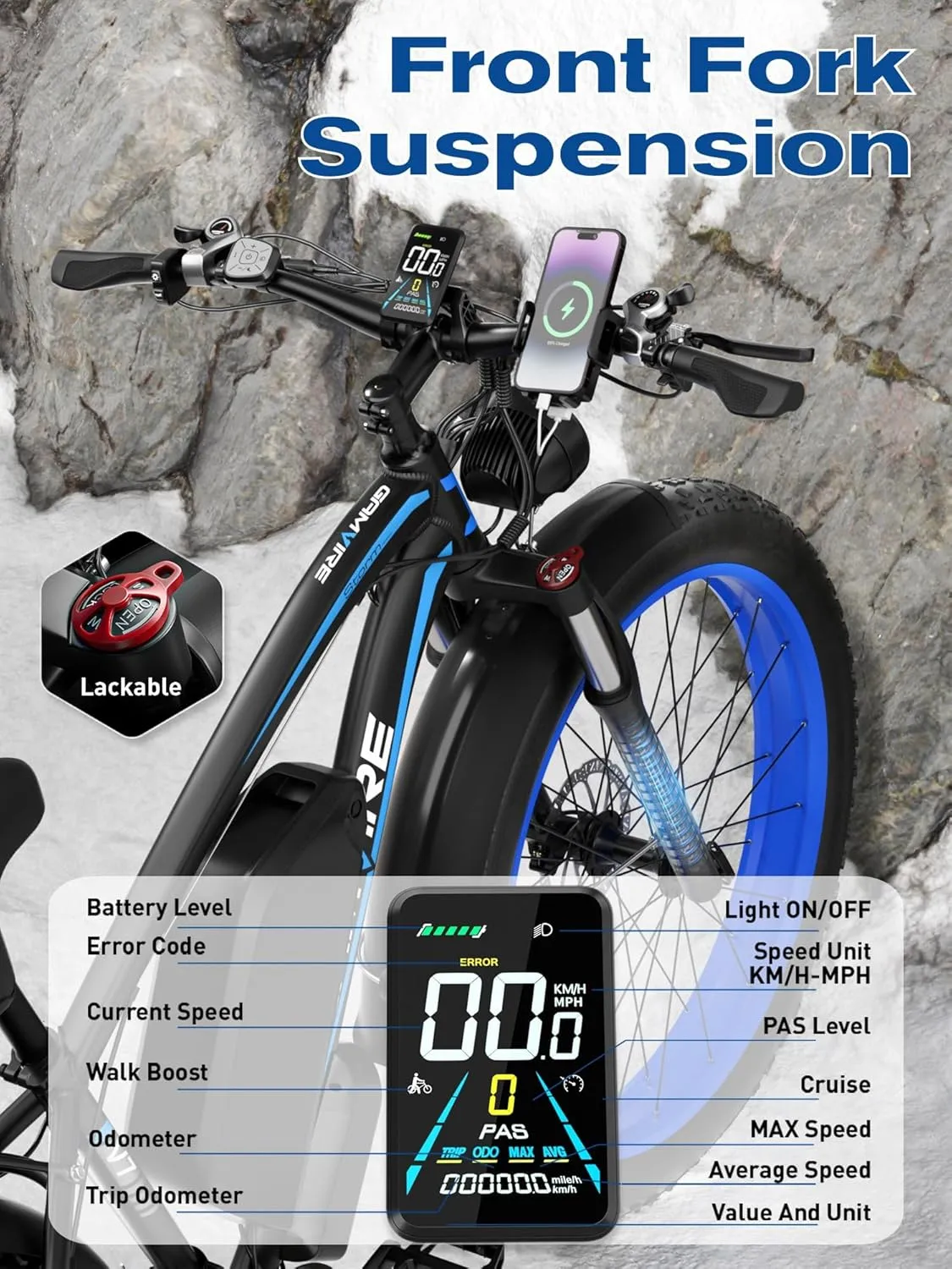 Electric Bike for Adults 2000W Peak 2500W Motor Electric Bicycle with 52V 19.2Ah Battery E Bike Up to 40MPH 21 Speed, 24"/26" All Terrain Ebike Fat Tire with Front Fork Suspension