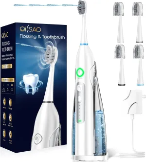 Electric Toothbrush with Water Flosser Combo, Electric Toothbrush for Adults Teeth Cleaning and Flossing, 3 Brushing Modes & 5 Flossing Speeds & 4 Brush Heads for Orthodontic, Braces, Sensitive Gums