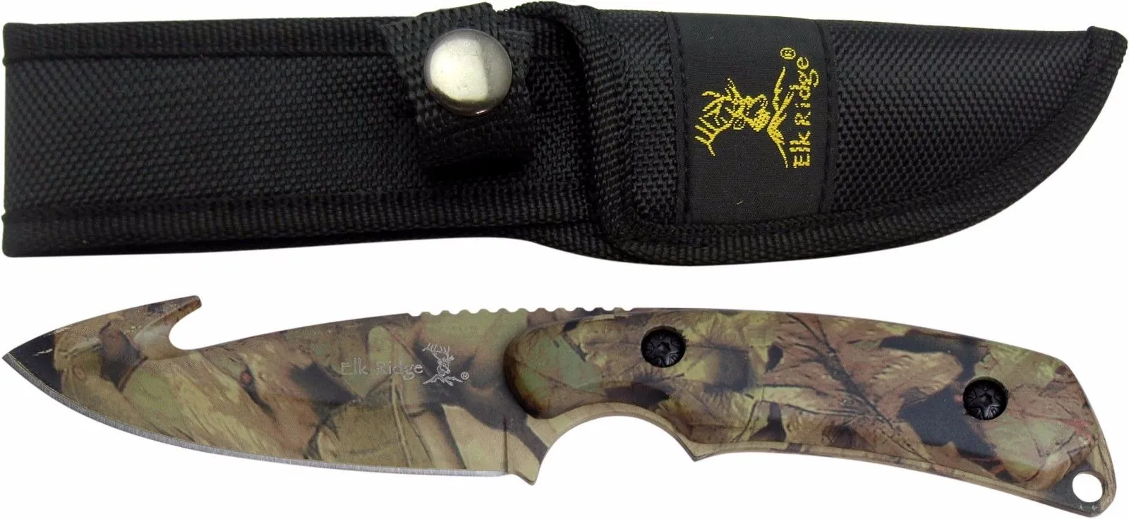 Elk Ridge 8" Fixed Blade Knife,Gut Hook & Camo Coated Handle   Sheath - ER116