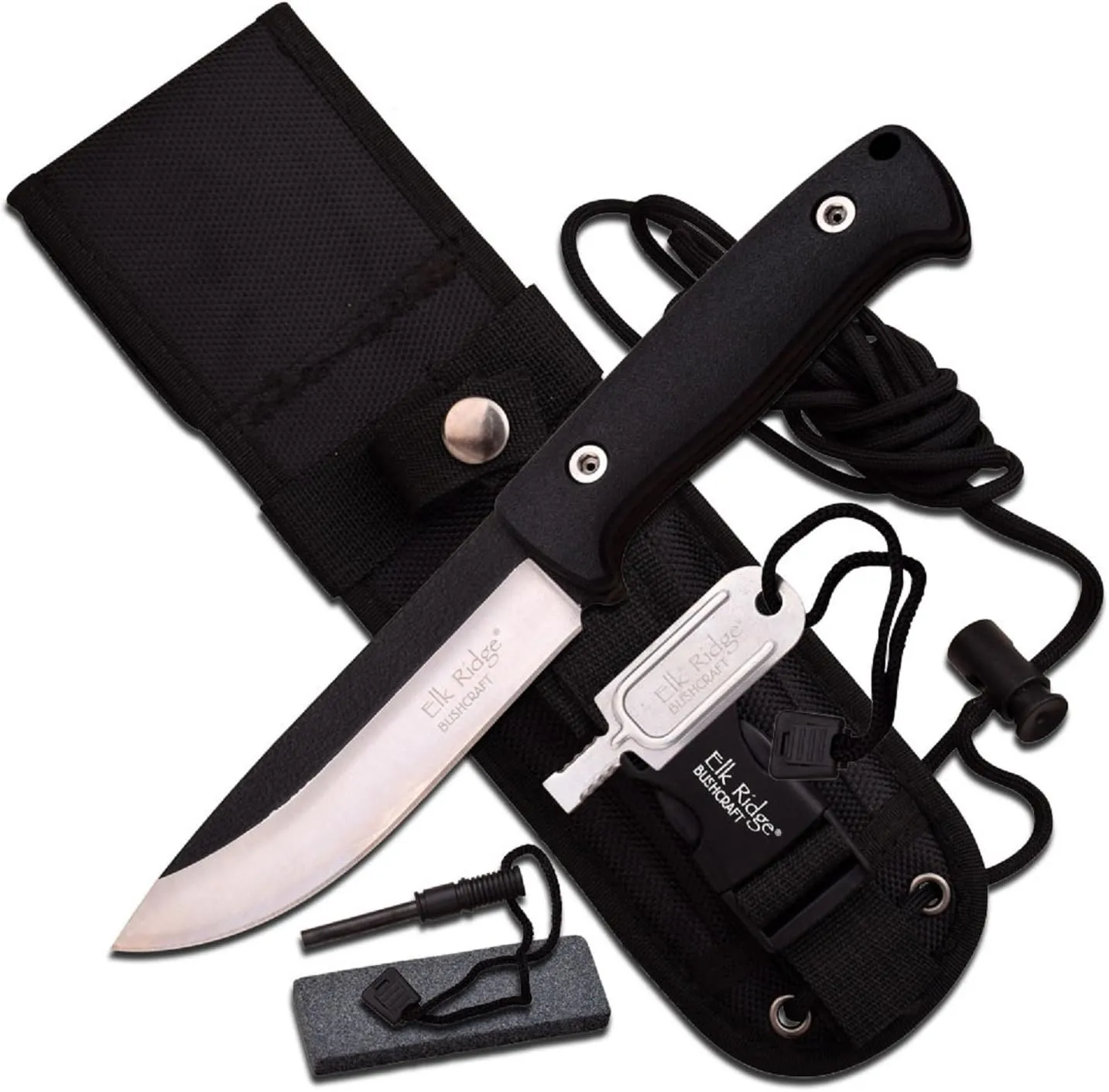 Elk Ridge - Outdoors Fixed Blade Knife - 10.5-in Overall, 5.3-in Blade, Nylon Fiber Handle w/Hidden Compartment, Nylon Sheath, Sharpening Stone, Fire Starter, Hunting, Camping, Survival - ER-555BK