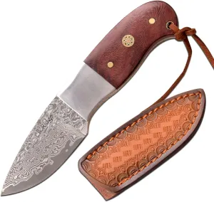 Elk Ridge - Outdoors Fixed Blade Knife - Genuine Damascus Stainless Steel Blade, Rose Wood Handle, Full Tang Construction, Includes Leather Sheath, Camping, Survival - ER-111RDM, Brown/Polished