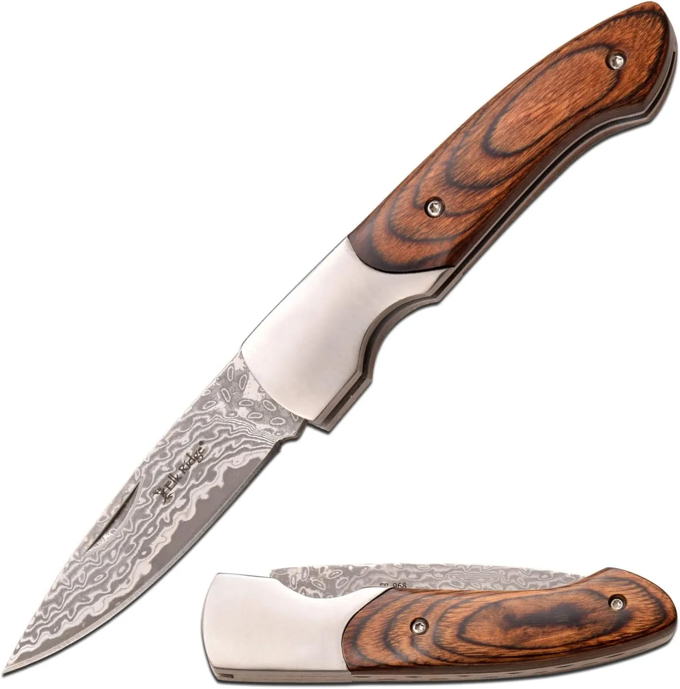 Elk Ridge - Outdoors Manual Folding Knife – 2.75-in Acid Etched Damascus Stainless Steel Blade, Wood Handle with Stainless Steel Bolster, Hunting, Camping, EDC - ER-968PW,Multi,One Size