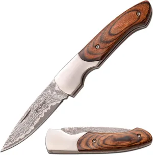 Elk Ridge - Outdoors Manual Folding Knife – 2.75-in Acid Etched Damascus Stainless Steel Blade, Wood Handle with Stainless Steel Bolster, Hunting, Camping, EDC - ER-968PW,Multi,One Size