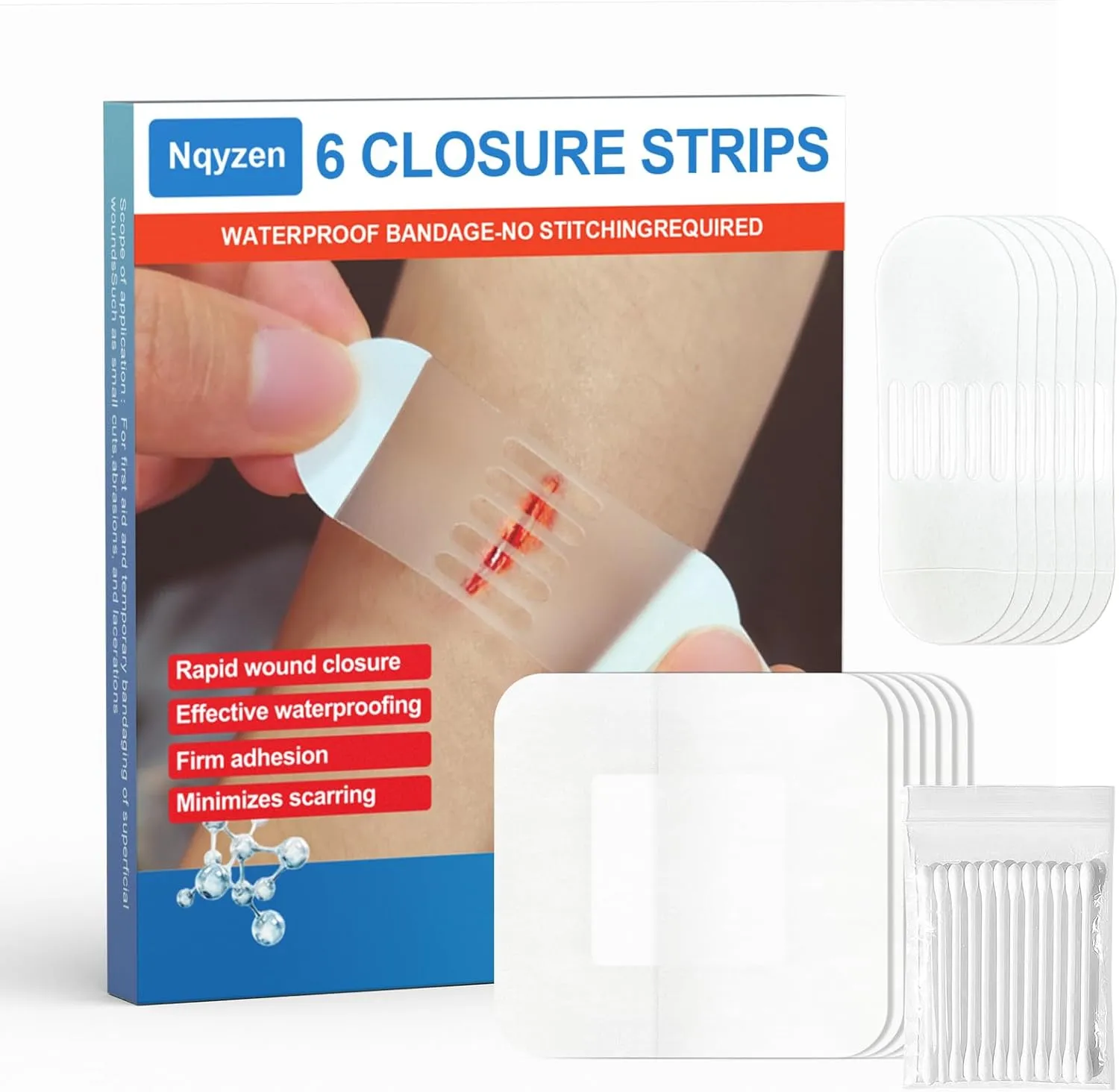 Emergency Wound Closure Strips, 6 Butterfly Bandages - Repair Without Stitches-Quick Clot, Laceration Closure Strips Kit Pu Waterproof Patch and Swabs, Easy to Use, Latex Free, for Cuts and Trauma