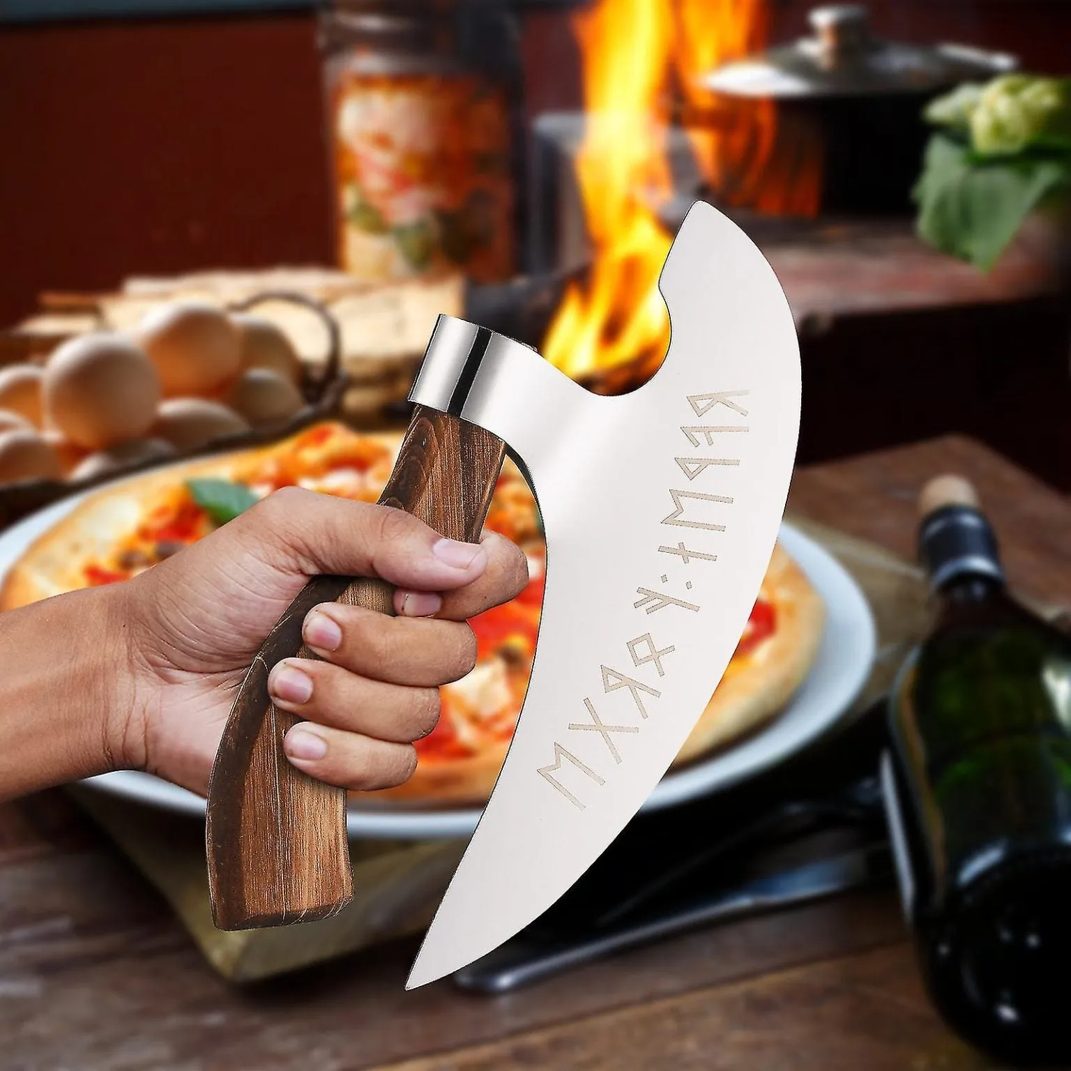 Engraved Runes Viking Pizza Axe With Sheath Manual Tool Vintage Durable 22cm