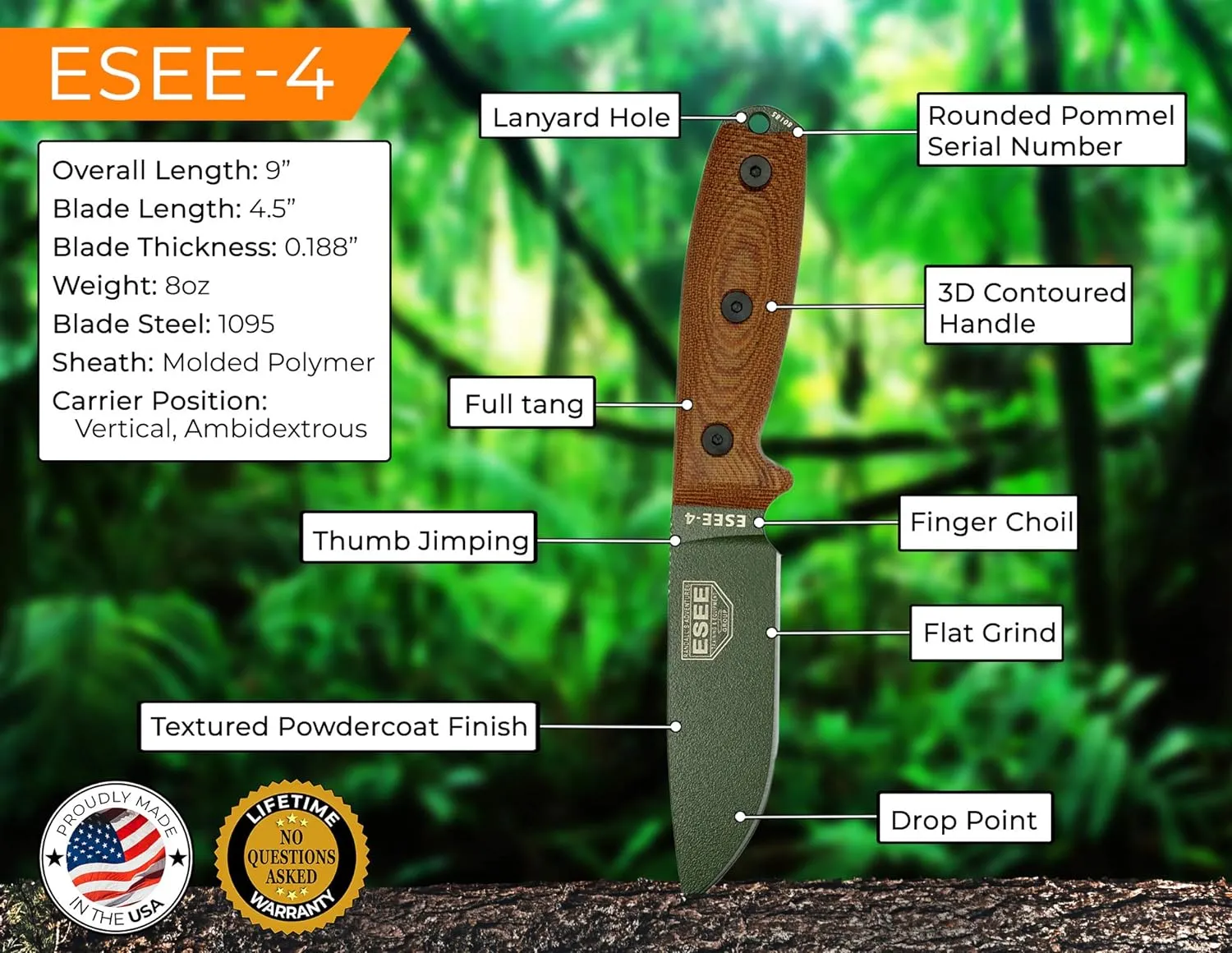ESEE-4 Fixed Blade Knife, 3D Contoured Handle, 1095 Carbon Steel, Black Ambidextrous Sheath, Made in USA