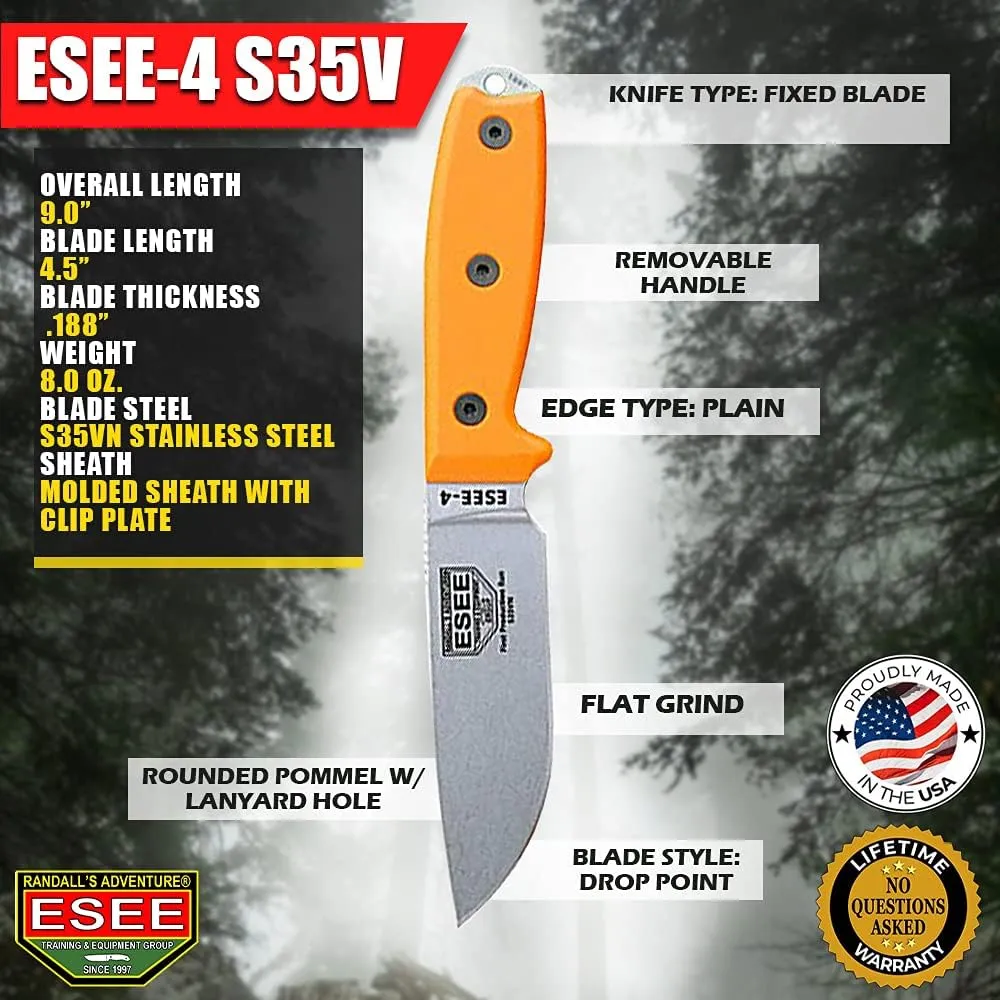 ESEE-4 Fixed Blade Knife, S35V Steel, Ambidextrous Sheath Included Made in USA (Orange)