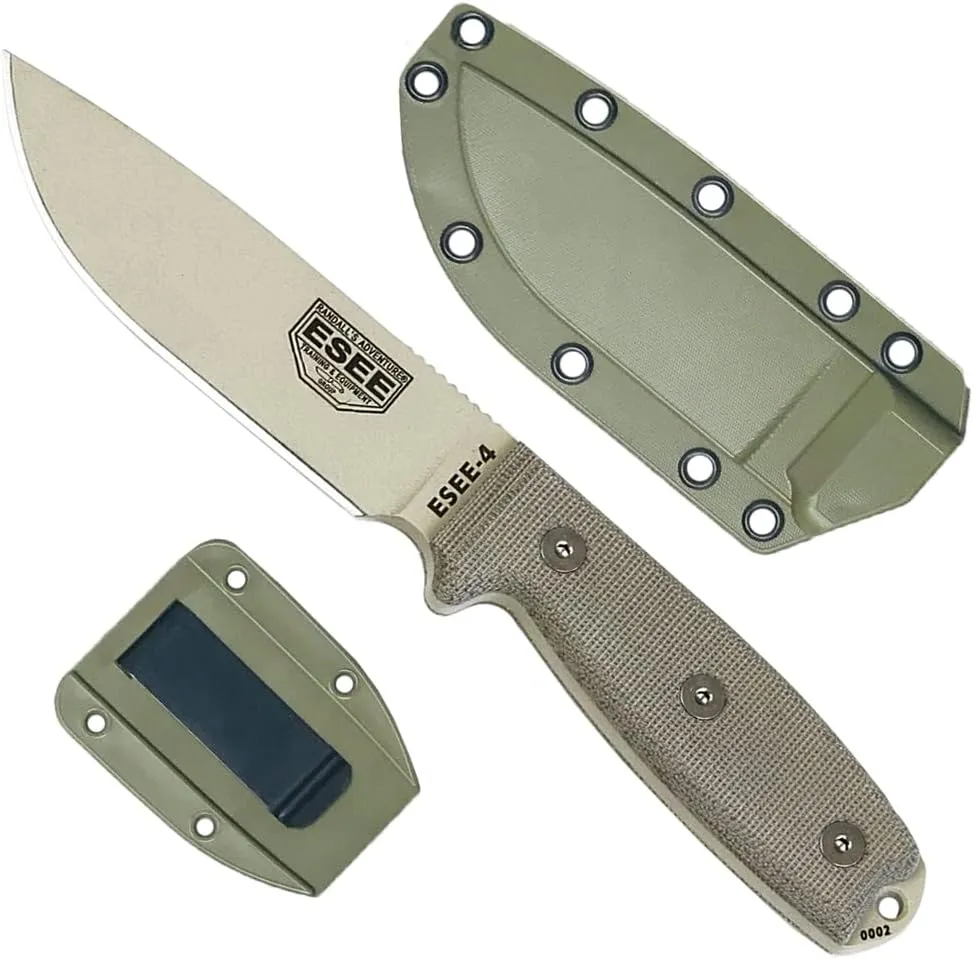 ESEE 4P-DT Desert Tan Fixed Blade Knife w/ OD Green Molded Polymer Sheath