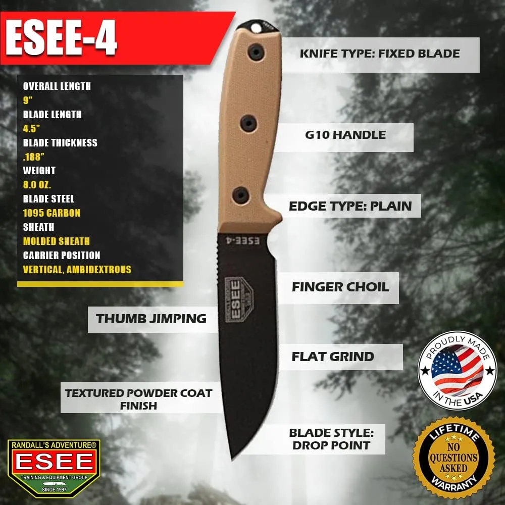 ESEE 4P Survival Knife - Field Tested Fixed Blade Knife with Molded Polymer Sheath & Clip Plate, Full Tang, Plain Edge - Durable Outdoor Camping Blade with Sheath for Survival