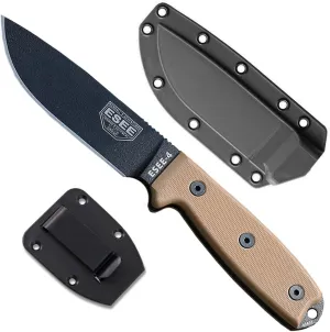 ESEE 4P Survival Knife - Field Tested Fixed Blade Knife with Molded Polymer Sheath & Clip Plate, Full Tang, Plain Edge - Durable Outdoor Camping Blade with Sheath for Survival