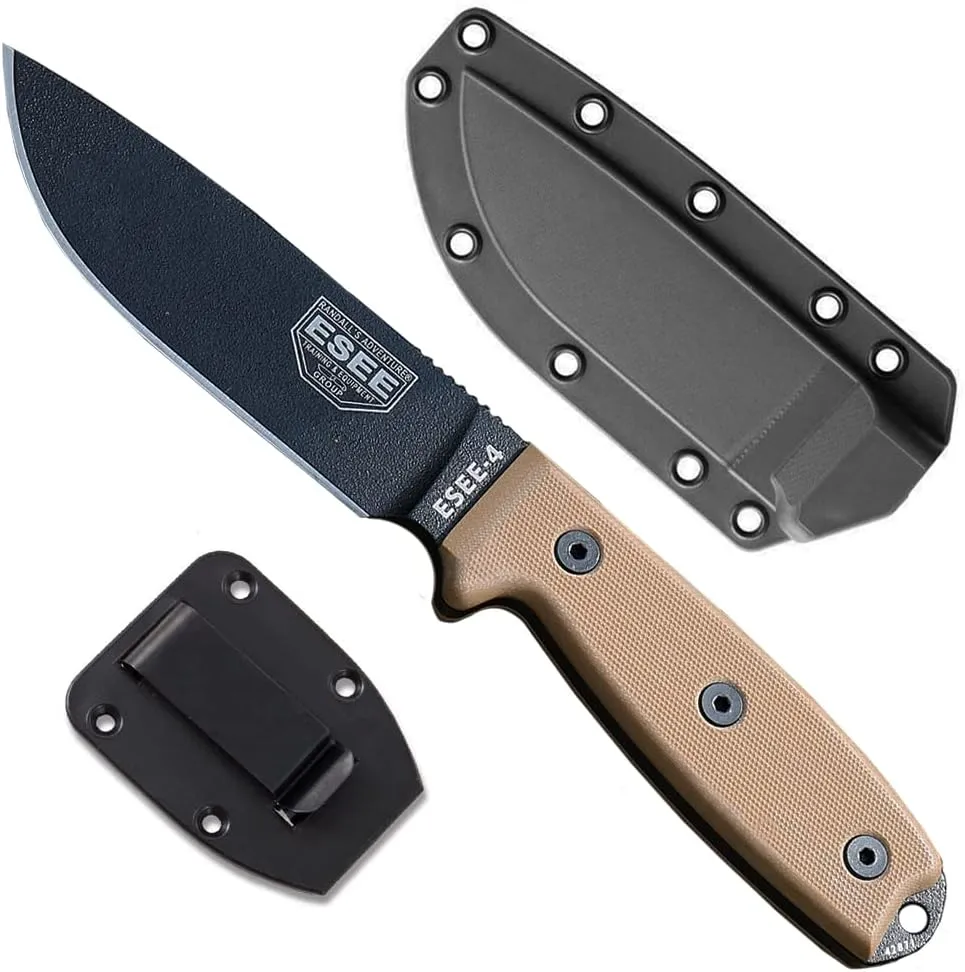 ESEE 4P Survival Knife - Field Tested Fixed Blade Knife with Molded Polymer Sheath & Clip Plate, Full Tang, Plain Edge - Durable Outdoor Camping Blade with Sheath for Survival