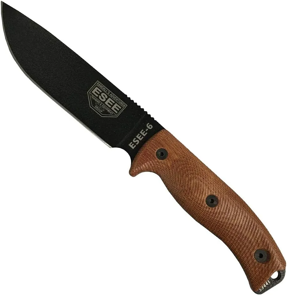 ESEE-6 Fixed Blade Knife, 3D Contoured Handle, 1095 Carbon Steel, Ambidextrous Polymer Sheath, Made in USA