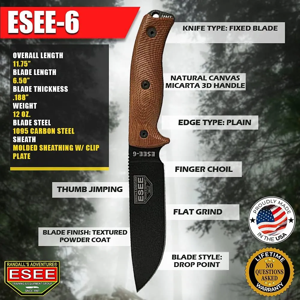 ESEE-6 Fixed Blade Knife, 3D Contoured Handle, 1095 Carbon Steel, Ambidextrous Polymer Sheath, Made in USA