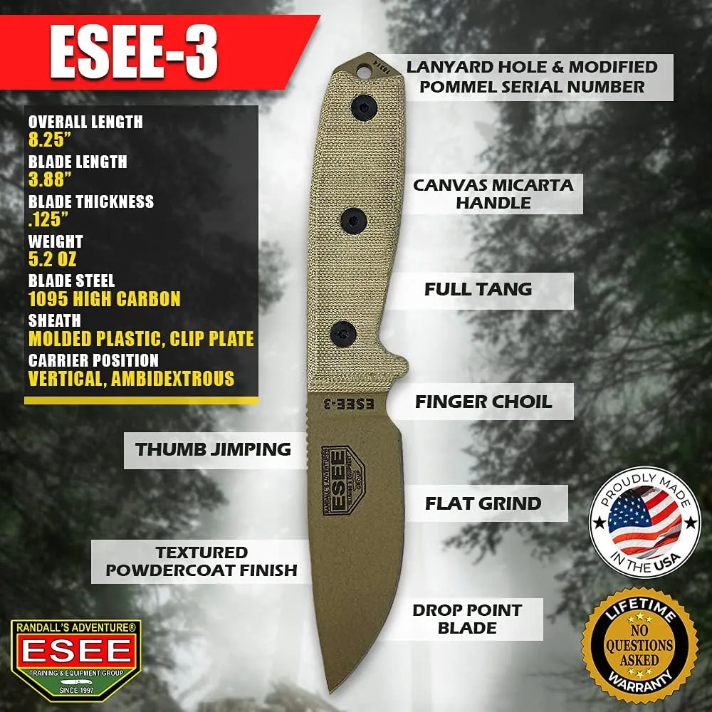 ESEE Knives 3P-MB Fixed Blade Knife w/Molded Polymer Sheath & MOLLE Back (Dark Earth Blade/Black Sheath)
