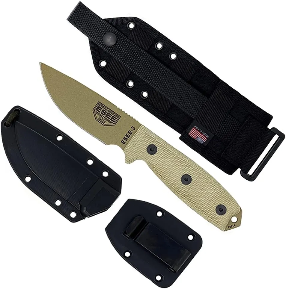ESEE Knives 3P-MB Fixed Blade Knife w/Molded Polymer Sheath & MOLLE Back (Dark Earth Blade/Black Sheath)