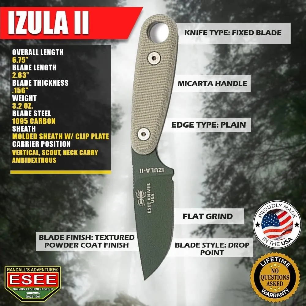ESEE Knives Izula II Fixed Blade Knife w/Survival Kit, Sheath, Clip Plate, & Micarta Handle (Olive Drab Blade/Black Sheath/Survival Kit)