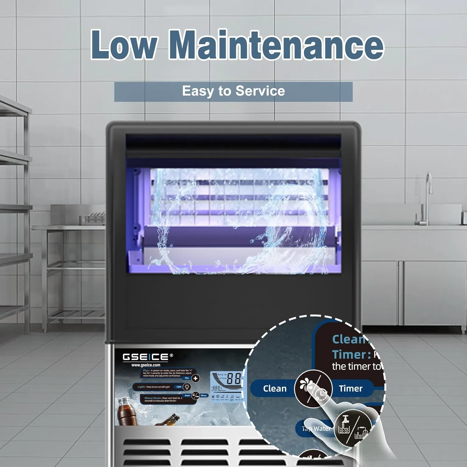 ETL Safe & Hygiene Certification Commercial Ice Maker - 100lbs/24H, Freestanding Fast Ice Maker Machine, Self-Cleaning Ice Machines with LED Display, for Bar Hotel Restaurant