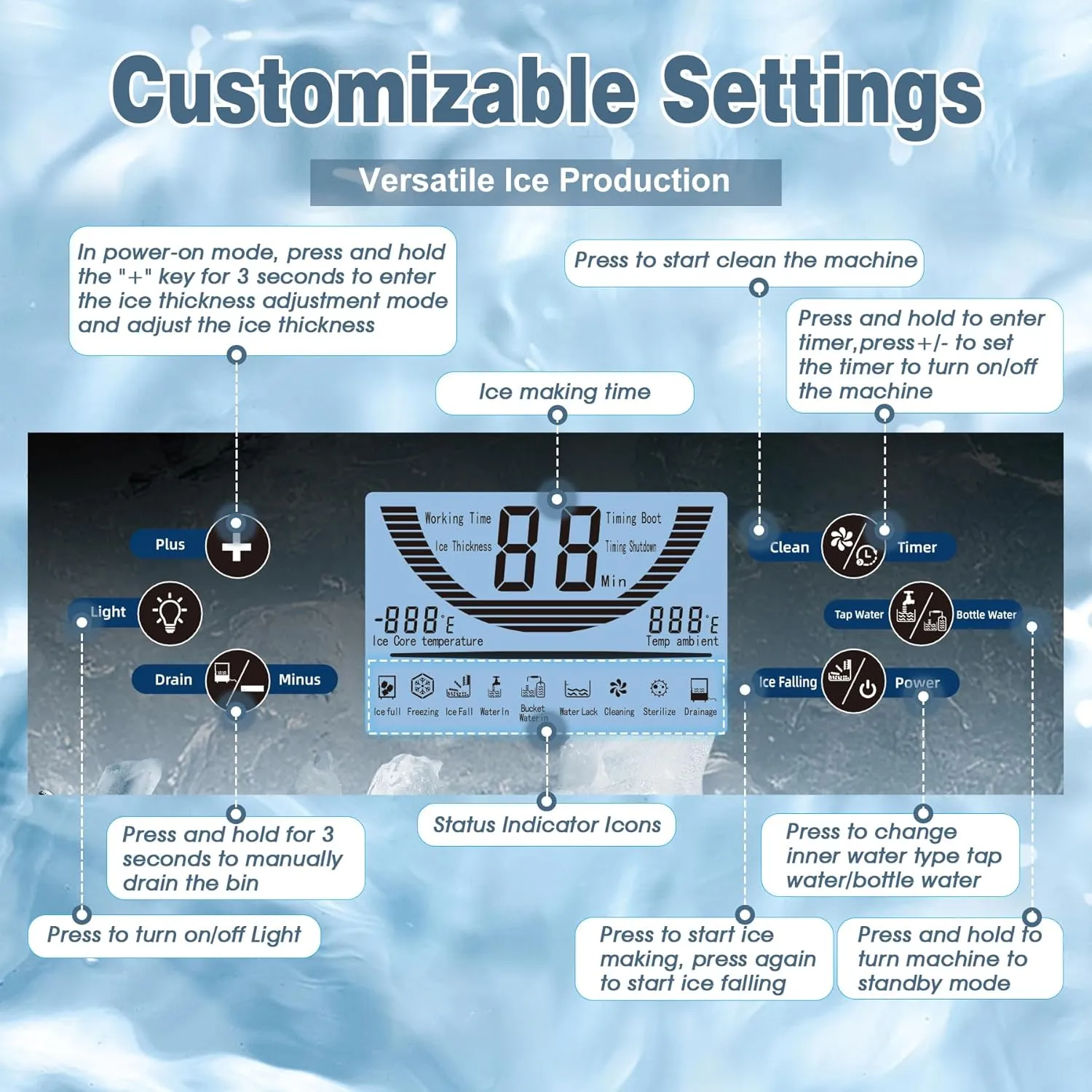 ETL Safe & Hygiene Certification Commercial Ice Maker - 100lbs/24H, Freestanding Fast Ice Maker Machine, Self-Cleaning Ice Machines with LED Display, for Bar Hotel Restaurant