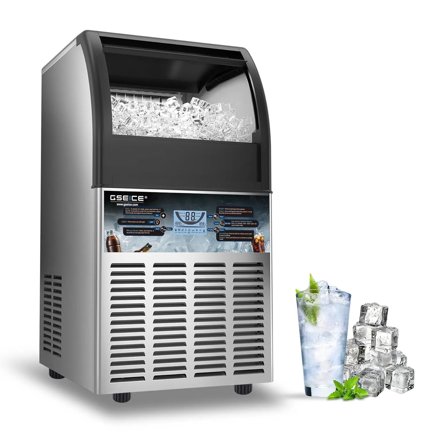 ETL Safe & Hygiene Certification Commercial Ice Maker - 100lbs/24H, Freestanding Fast Ice Maker Machine, Self-Cleaning Ice Machines with LED Display, for Bar Hotel Restaurant