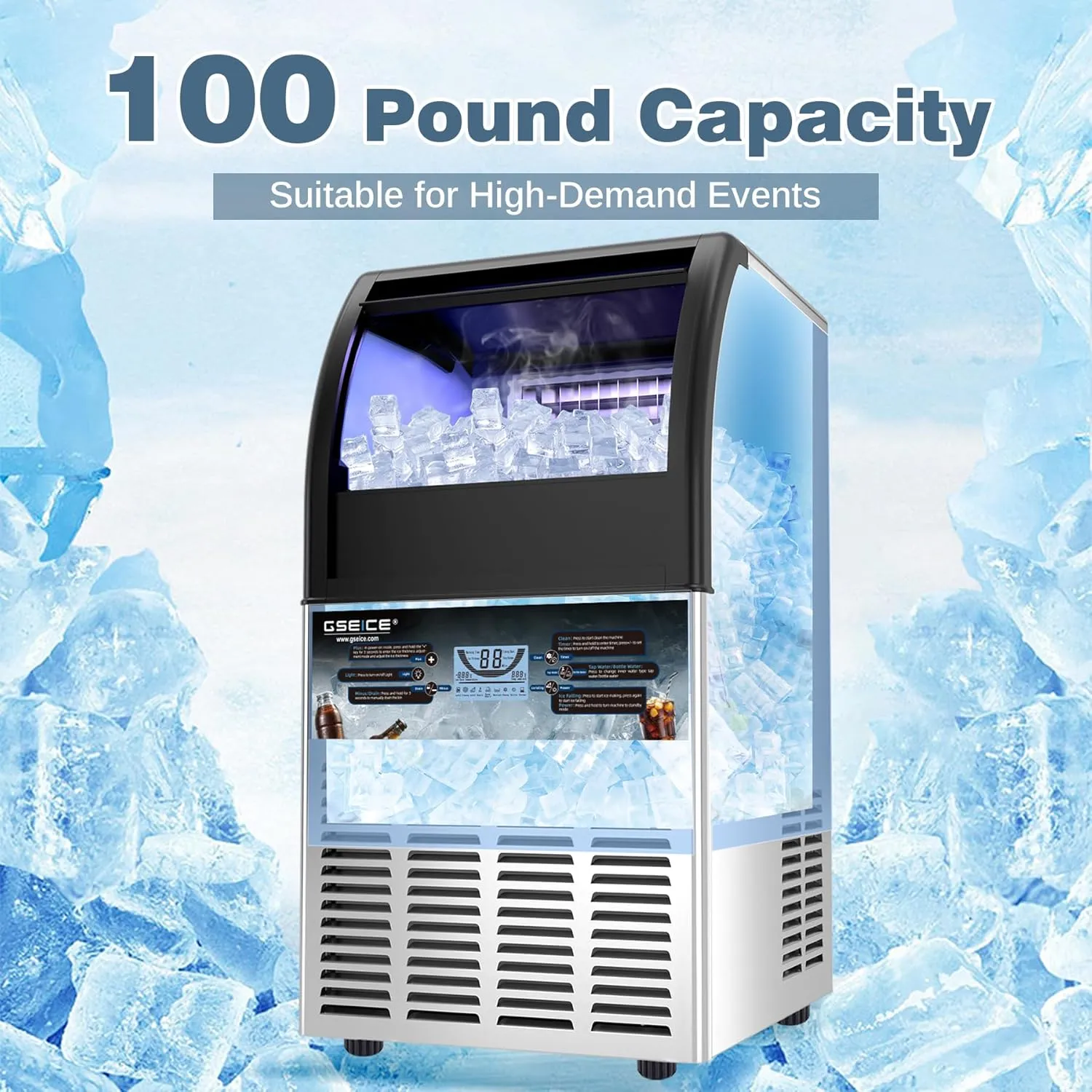 ETL Safe & Hygiene Certification Commercial Ice Maker - 100lbs/24H, Freestanding Fast Ice Maker Machine, Self-Cleaning Ice Machines with LED Display, for Bar Hotel Restaurant