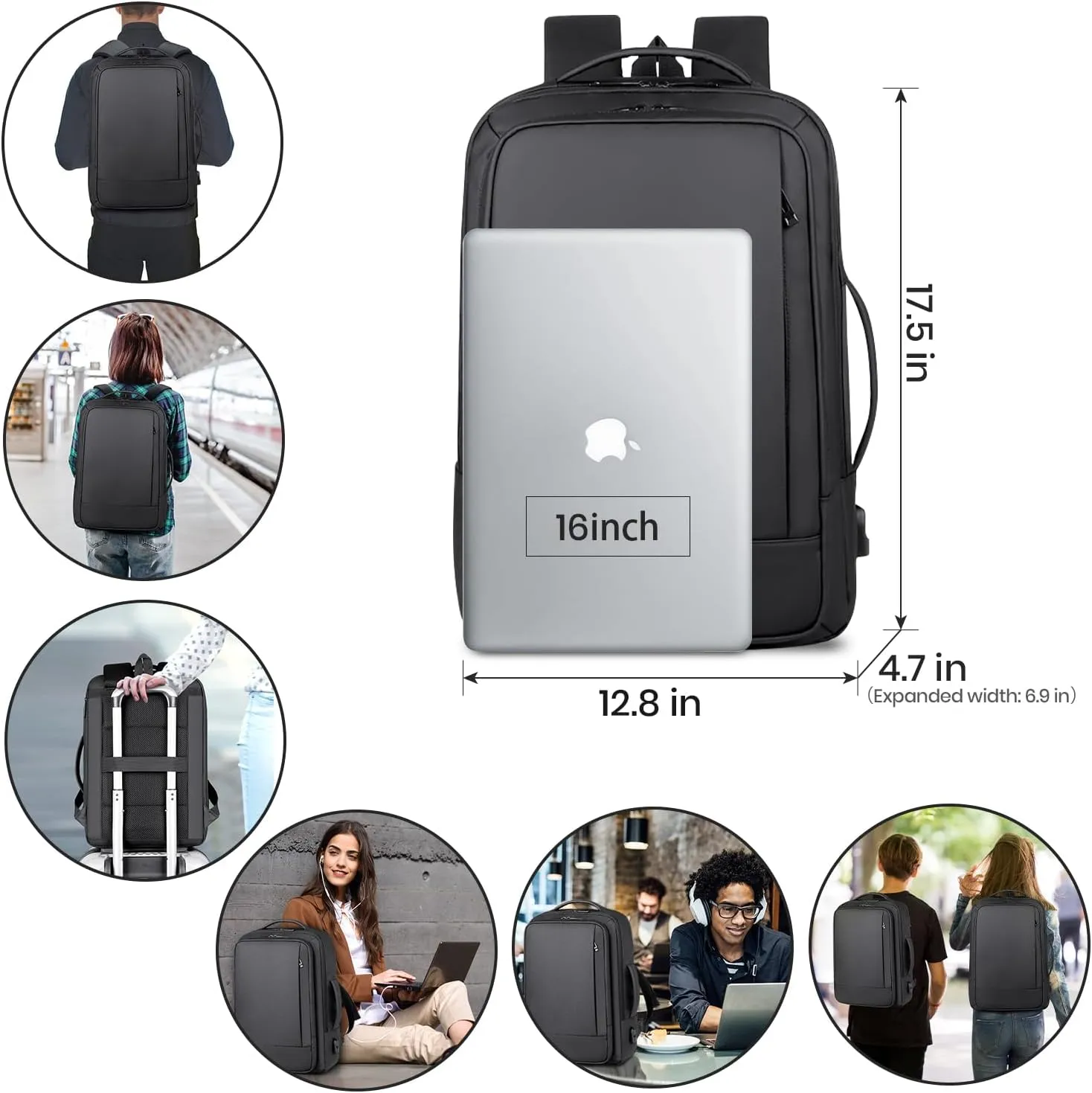 Expandable Laptop Backpack, 16 Inch Water-Resistant Bag with USB Charging Port, Business College Backpack for Men & Women, Black