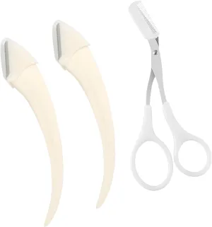 Eyebrow Trimmer Scissors with Comb 3‑Piece Kit – Curved Razor   Precision Scissors – Women’s Eyebrow Shaping & Trimming Set (White)