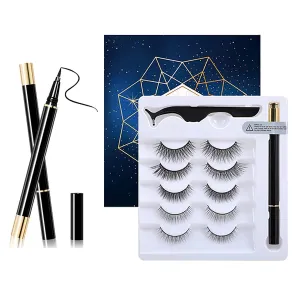 Eyeliner and Eyelashes Kit,False Eyelashes Extension Practice Set, 5 Pair 3D Reusable Non Magnetic lashes,Charming Natural Eyelashes,Ideal Make up Tools for Party,Dating,Travel,Daily Life