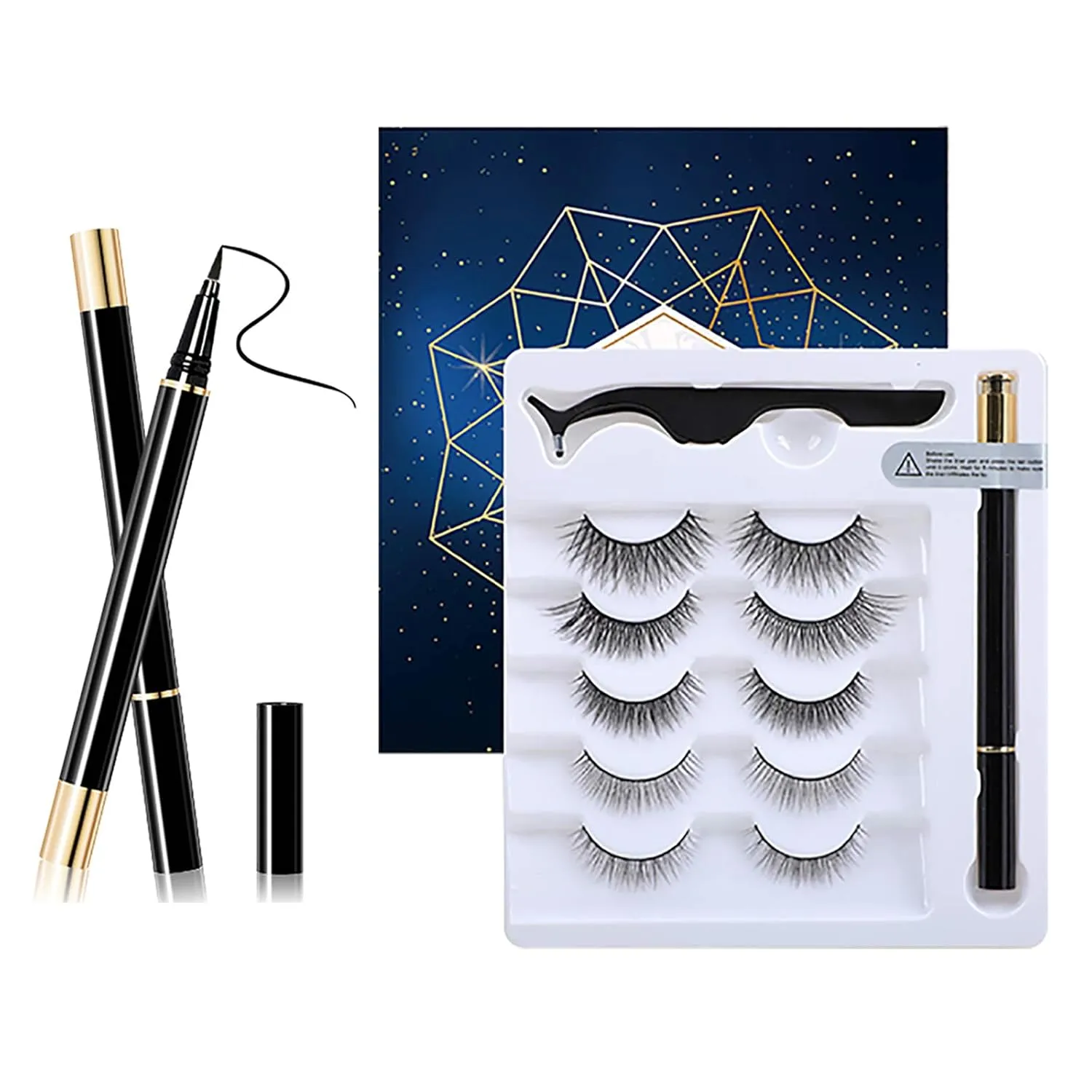 Eyeliner and Eyelashes Kit,False Eyelashes Extension Practice Set, 5 Pair 3D Reusable Non Magnetic lashes,Charming Natural Eyelashes,Ideal Make up Tools for Party,Dating,Travel,Daily Life