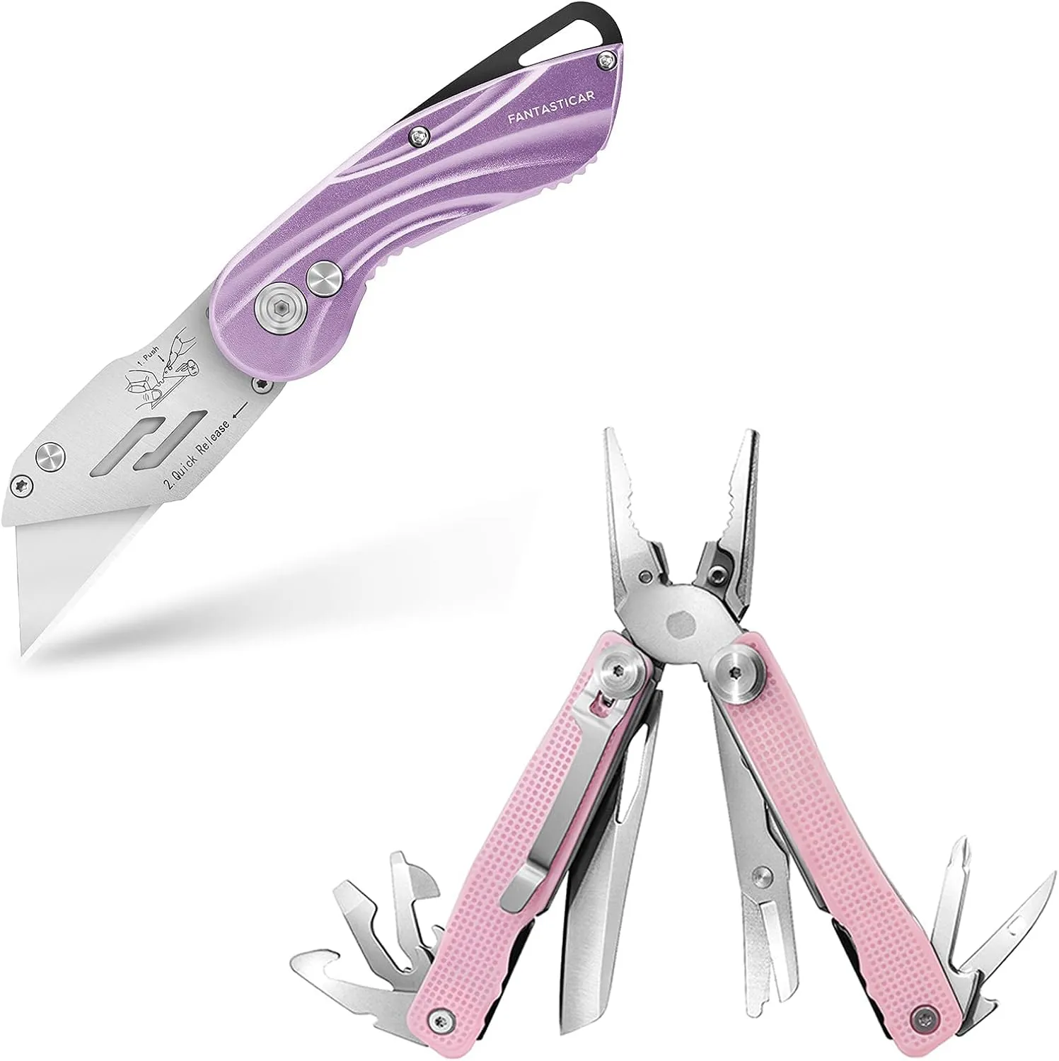 FantastiCAR Pink Multi-functional Pliers and Purple Utility knife Box cutter with Extra Blades Set, Stainless Steel Body and Gift Packaging Box