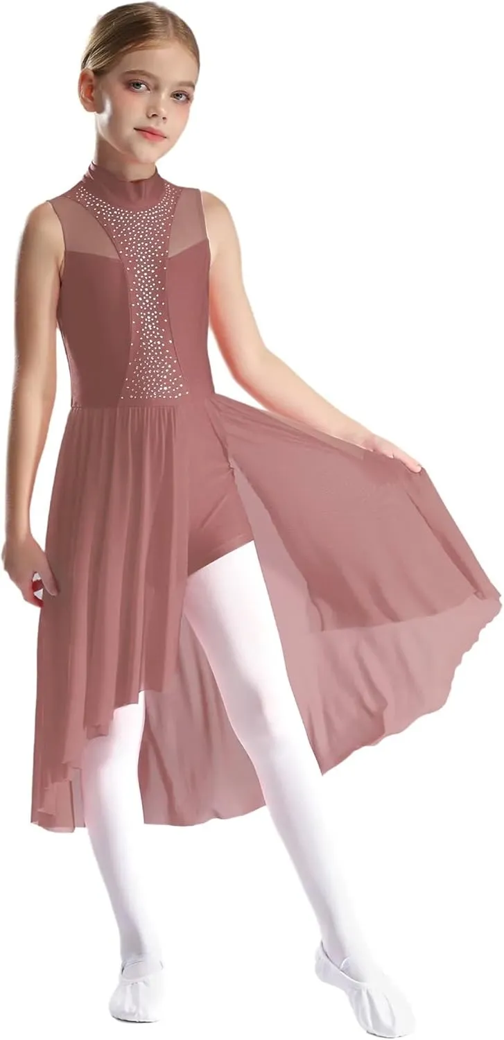 Figure Skating Dress Girls Figure Skating Dance Dress Sleeveless Sparkly Rhinestone Liturgical Lyrical Dresses Maxi Gown