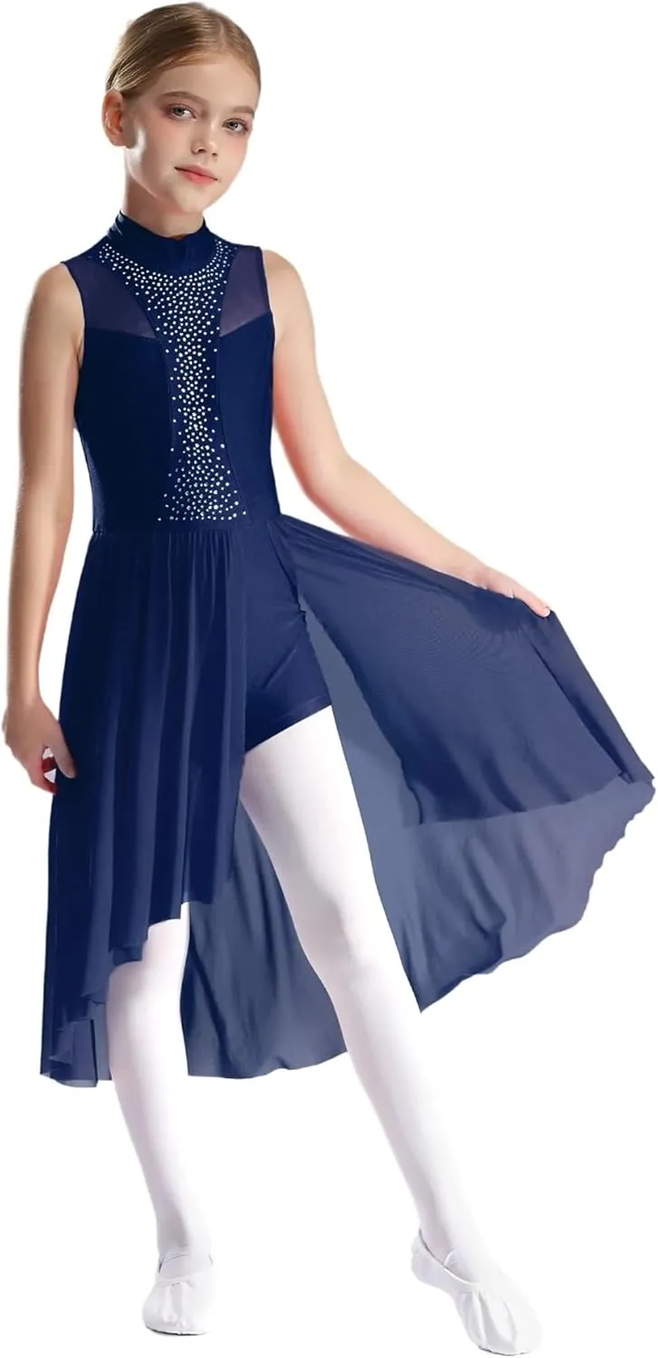 Figure Skating Dress Girls Figure Skating Dance Dress Sleeveless Sparkly Rhinestone Liturgical Lyrical Dresses Maxi Gown