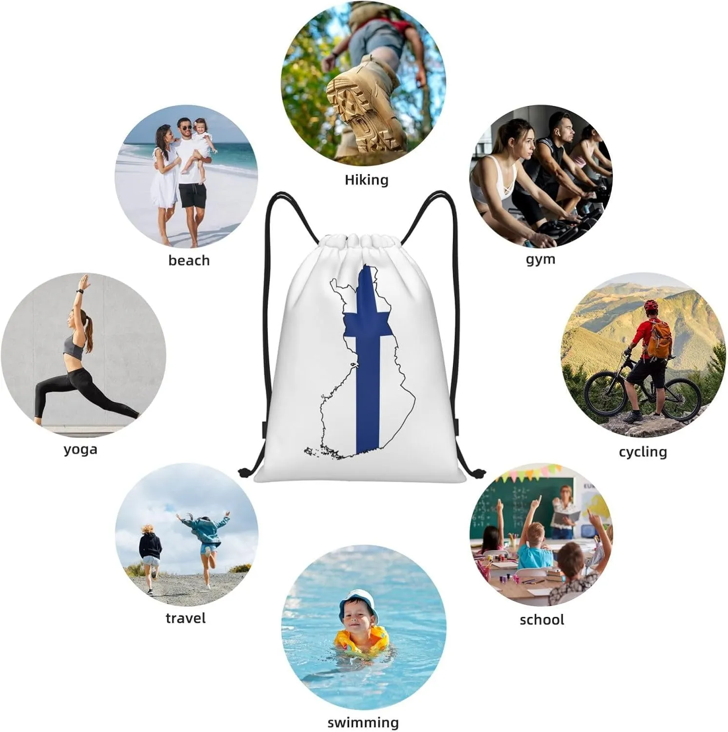 Finnish Flag Map print Sports Drawstring Backpack String Swim Gym Bag for Women and Men Small Gym Bag