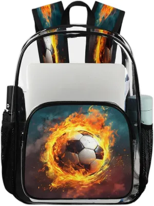 Fire Football Soccer Clear Backpack PVC Waterproof Transparent Backpack Heavy Duty See Through Backpacks with Reinforced Strap for Travel Outdoor Concert Work