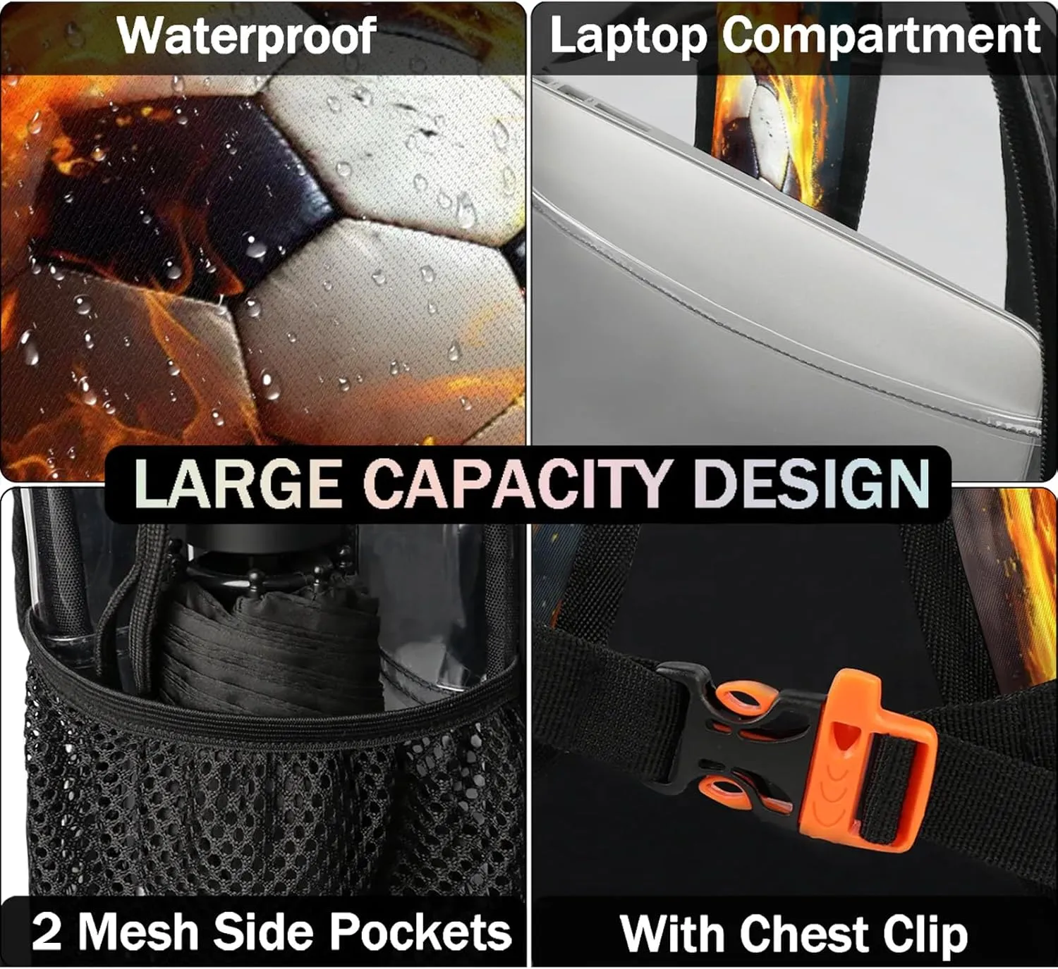 Fire Football Soccer Clear Backpack PVC Waterproof Transparent Backpack Heavy Duty See Through Backpacks with Reinforced Strap for Travel Outdoor Concert Work