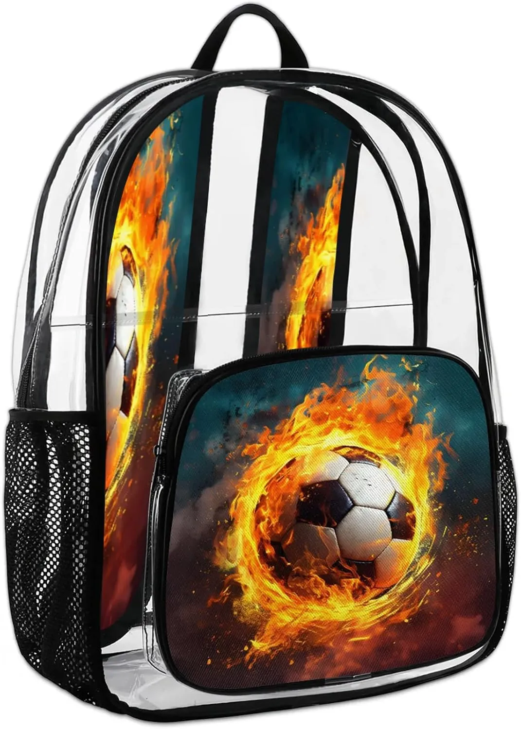 Fire Football Soccer Clear Backpack PVC Waterproof Transparent Backpack Heavy Duty See Through Backpacks with Reinforced Strap for Travel Outdoor Concert Work